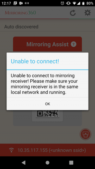 wifi error for mirroring 360 app