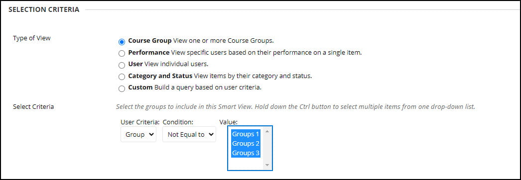 select course group, select "not equal to", select the groups using the control key