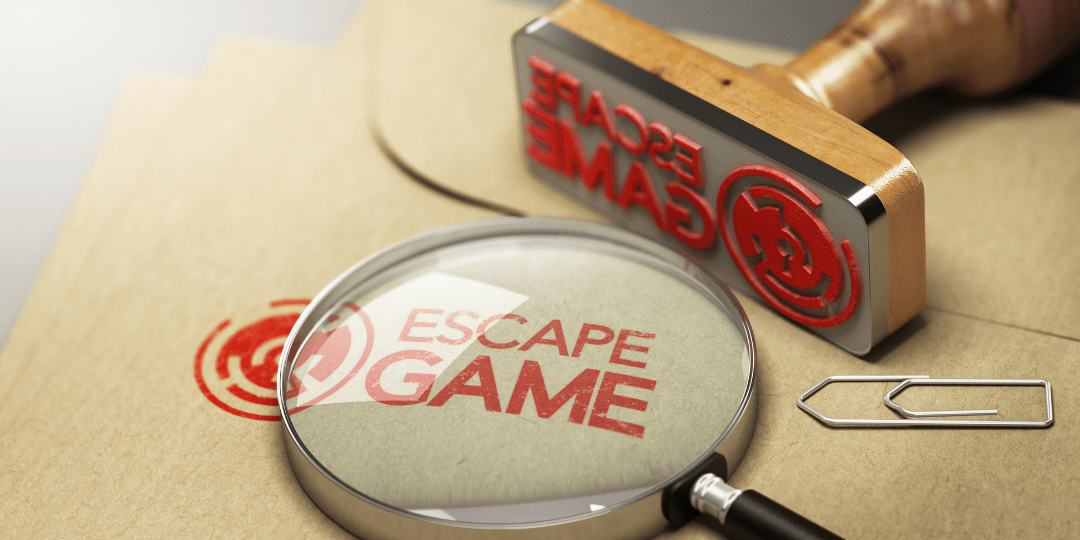 Escape Room stamped on paper with a magnifying glass enhancing it.